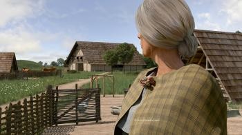 alte Frau schaut auf Häuser von einst