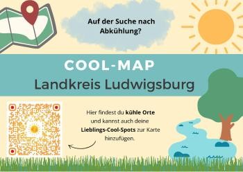 Grafik mit Sonne, Baum, Fluss, QR-Code zu kühlen Orten im Landkreis
